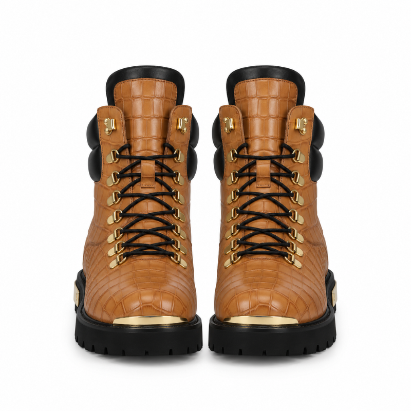 Croco Deep Cut Leather Lace UP Ankle Boot