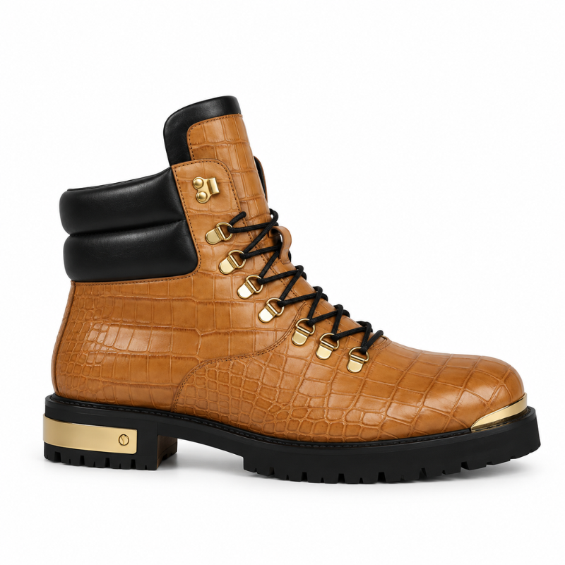 Croco Deep Cut Leather Lace UP Ankle Boot
