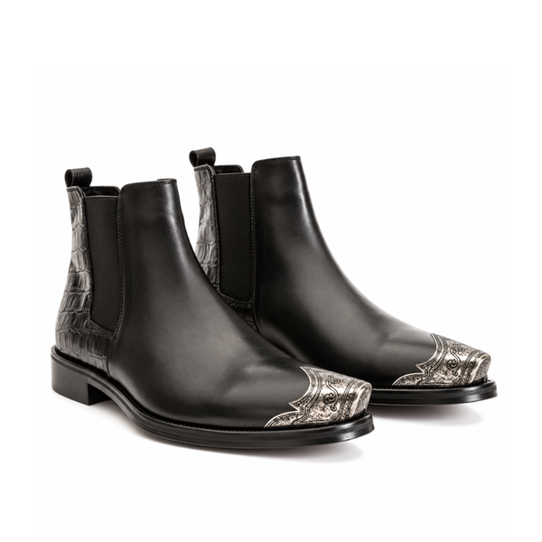 Croco Textured Leather Chelsea Boots with Silver Toe