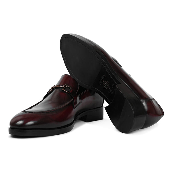 Polished Shiny Leather Horsebit Buckled Burgundy Loafer