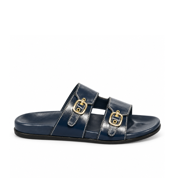 Double-Buckle Slide Sandals - Navy Blue