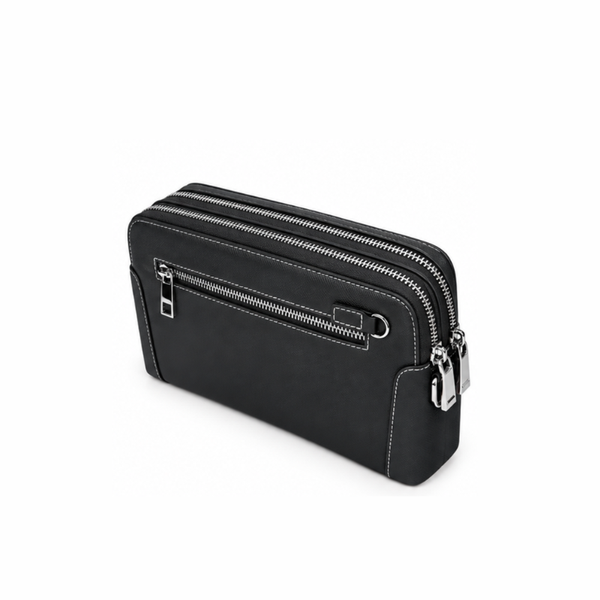 Dual Zipper Luxury Leather Clutch - Black