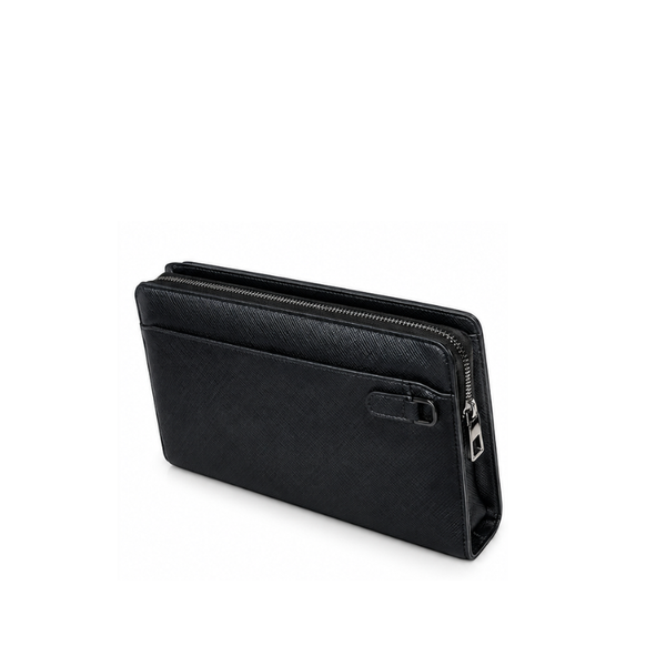 Elegant Textured Leather Grid Clutch - Black
