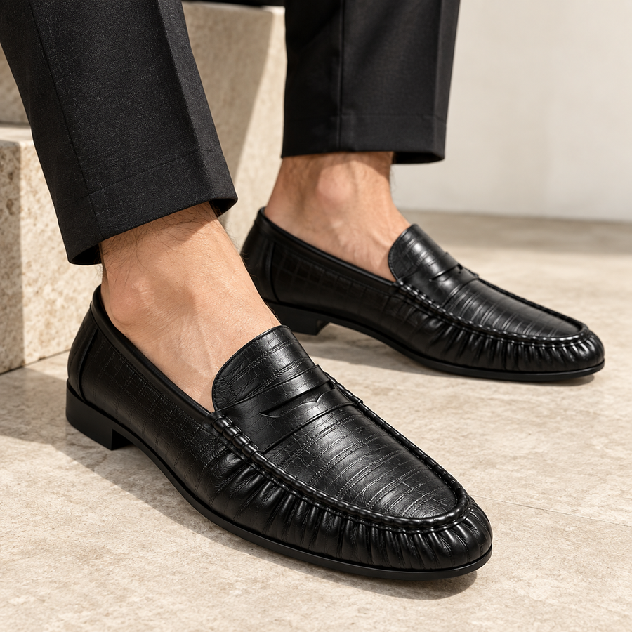 Elveron Textured Leather Penny Loafers