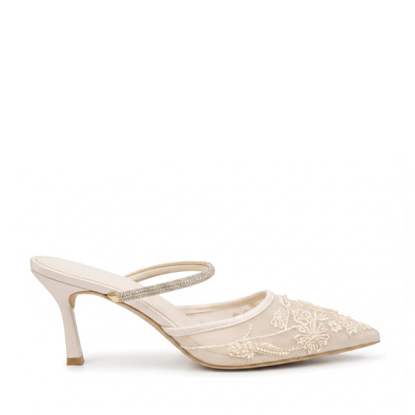 Embroidered Pointed-Toe Slingback Kitten Heels