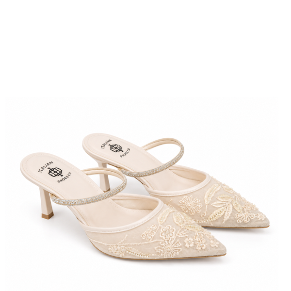 Embroidered Pointed-Toe Slingback Kitten Heels