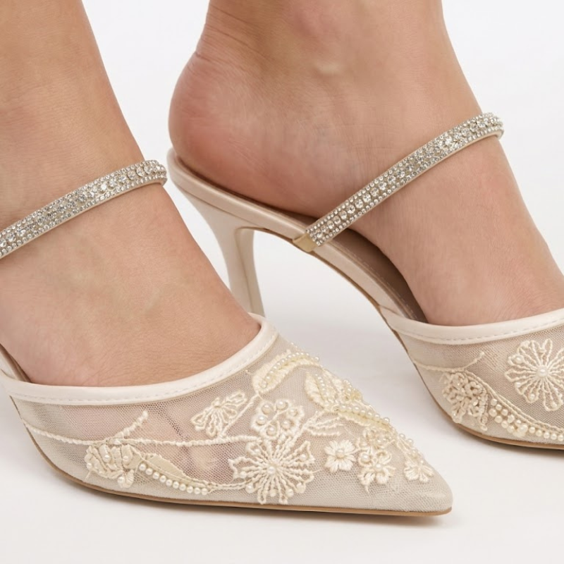 Embroidered Pointed-Toe Slingback Kitten Heels