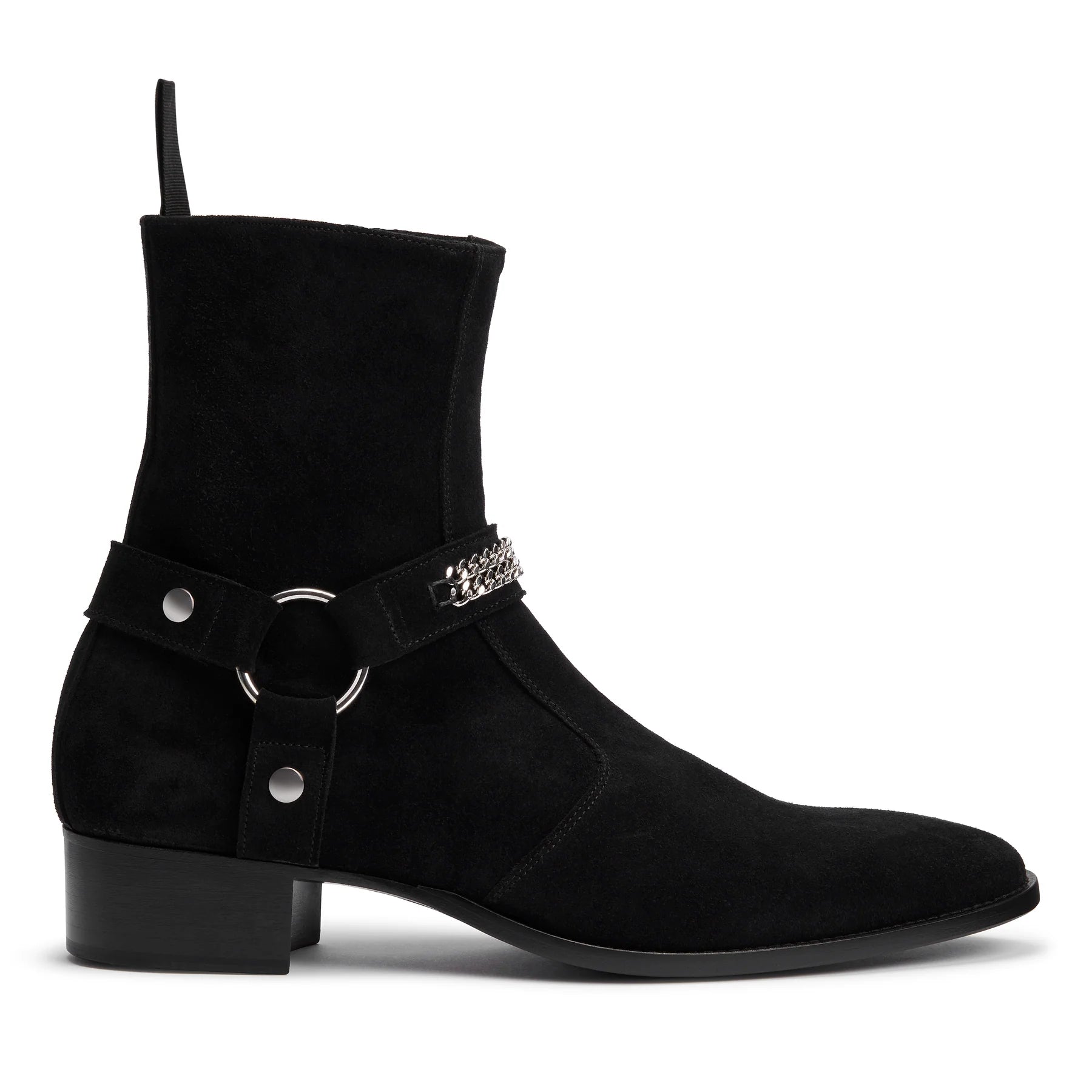 Chain Harness Zip Boot - Black Suede Leather