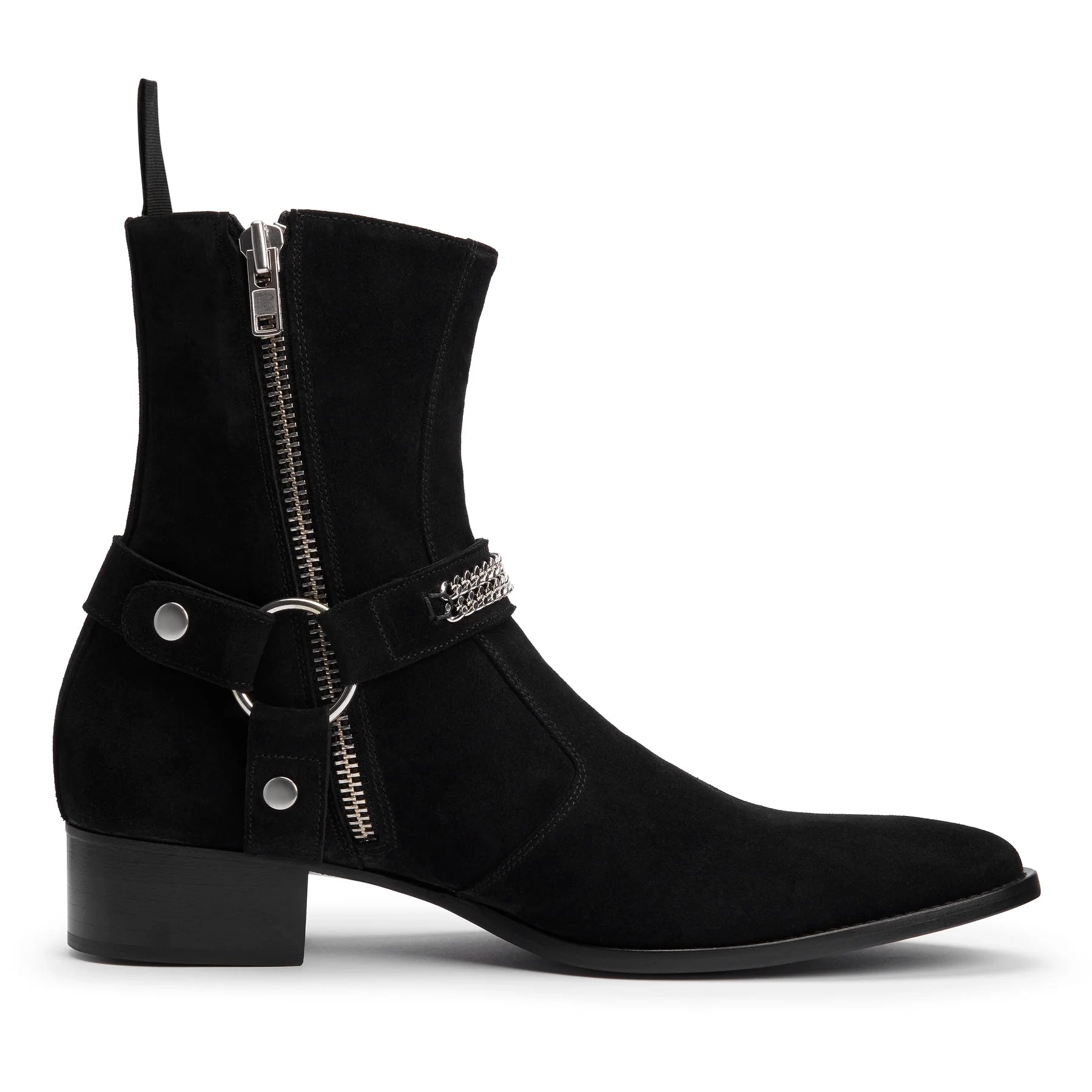 Chain Harness Zip Boot - Black Suede Leather