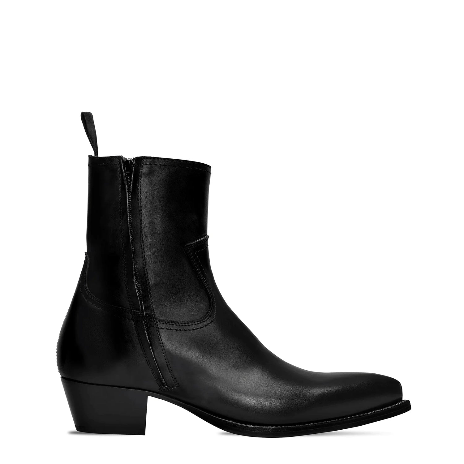 Side Zip Western Boot - Black Hand-Dyed Leather