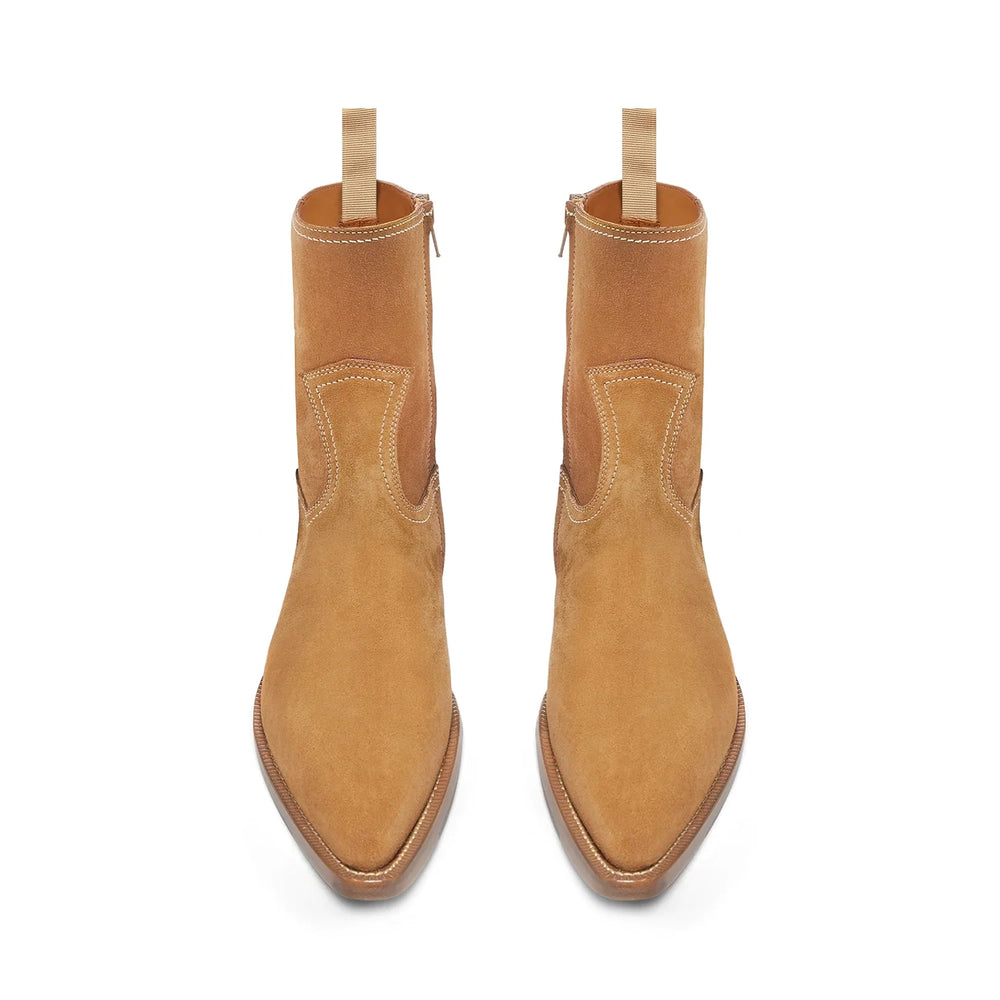 Side Zip Western Boot Camel Suede Leather