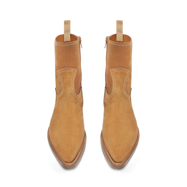Side Zip Western Boot Nut Suede Leather - Camel
