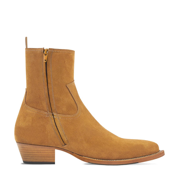 Side Zip Western Boot Camel Suede Leather
