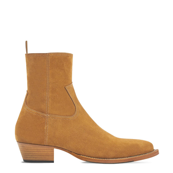 Side Zip Western Boot Camel Suede Leather