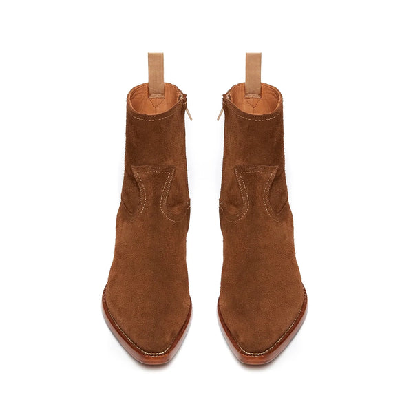 Side Zip Western Boot Camel Suede Leather - Dark Brown