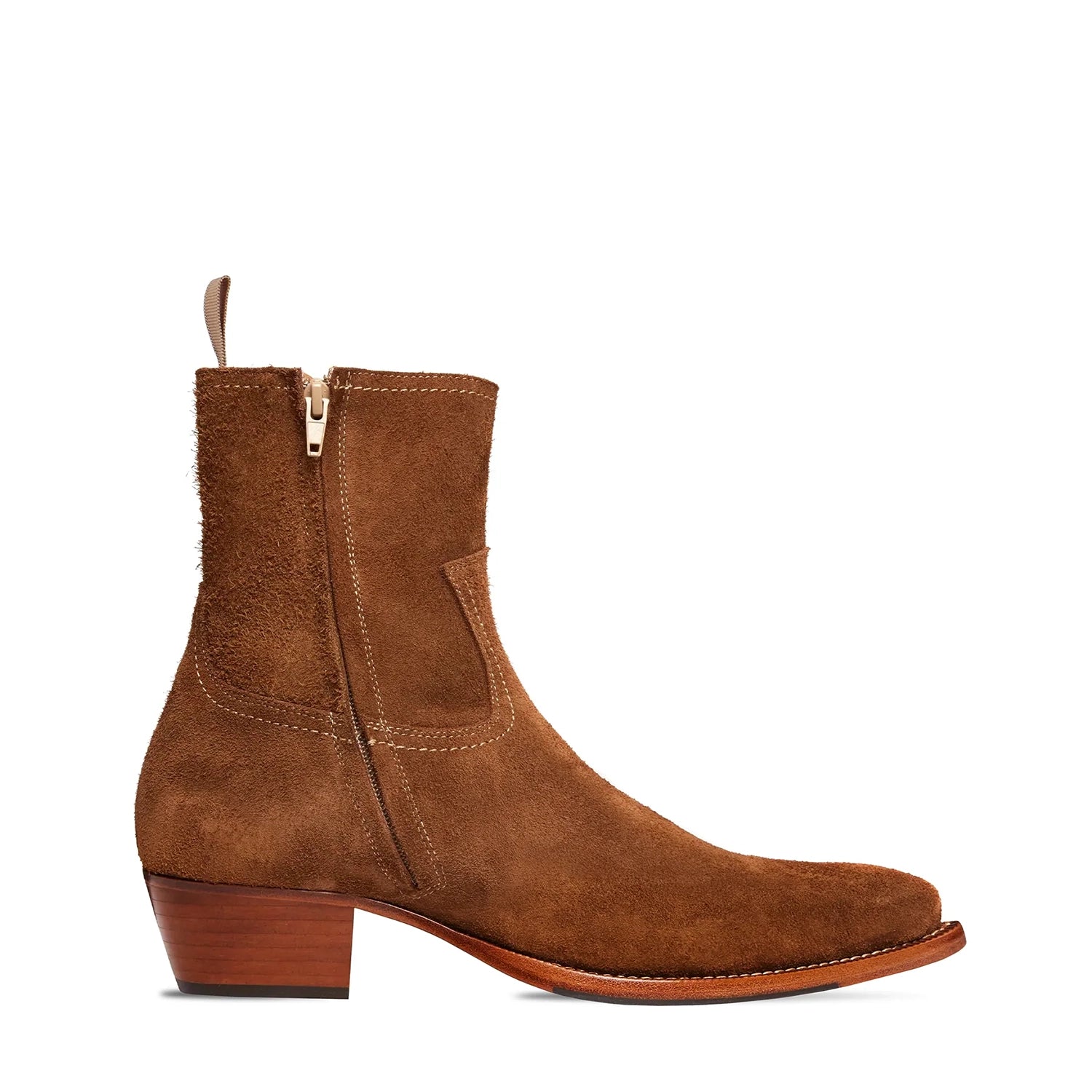 Side Zip Western Boot - Camel Suede Leather