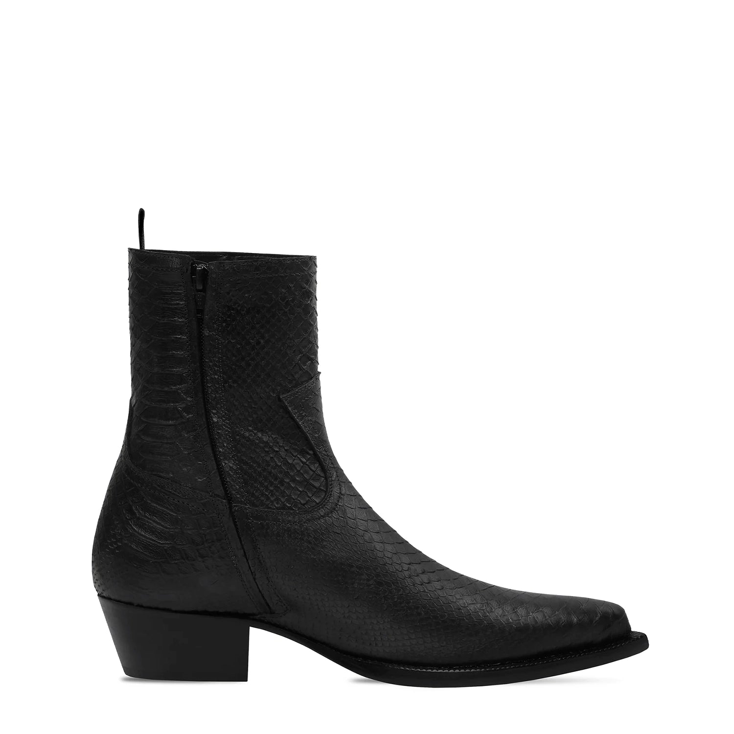 Side Zip Western Boot - Black Python-Effect Leather