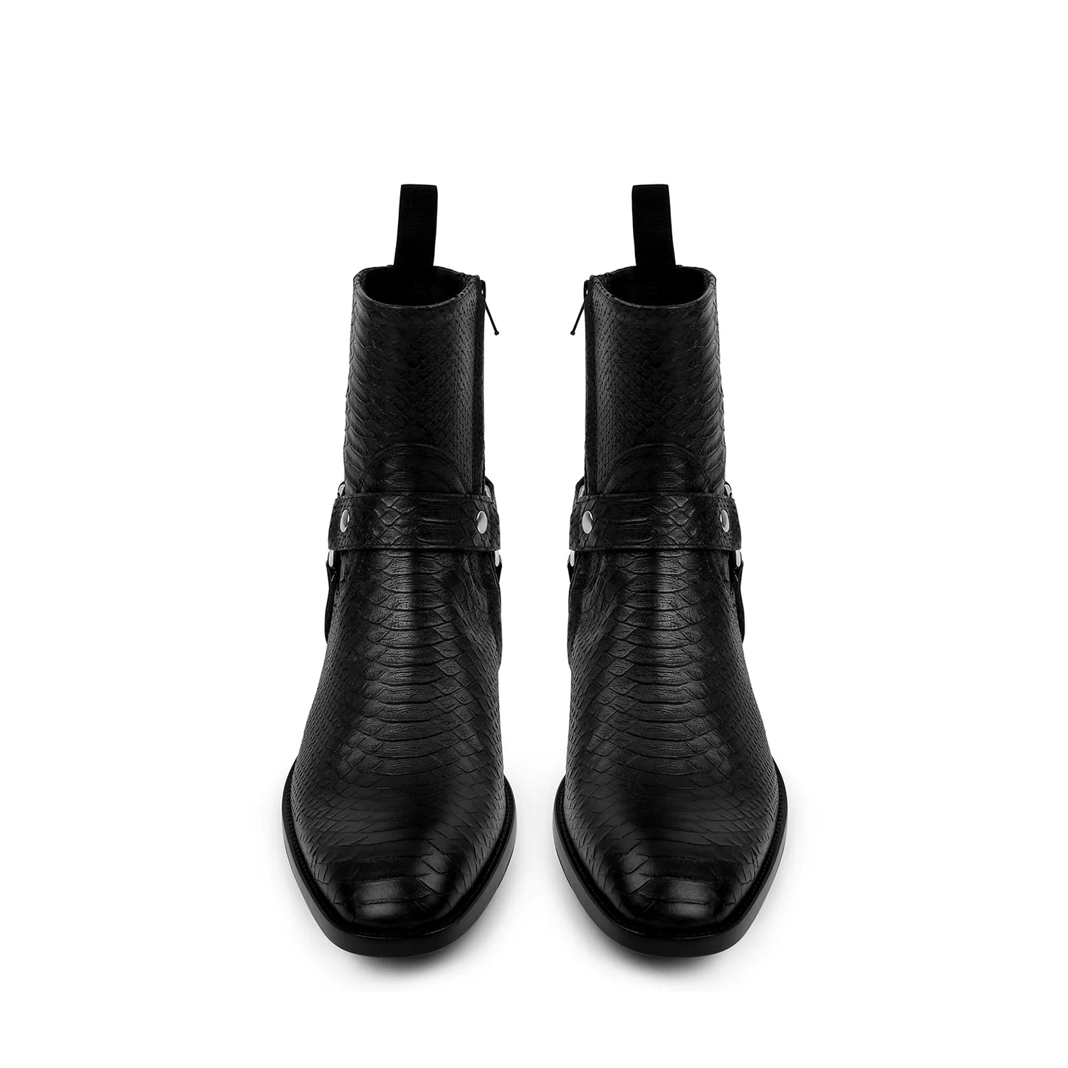 ショートブーツ・ブーティ Zip Booties in Black Leather Harness Zip Boot - Black Python-Effect Hand-Dyed Leather