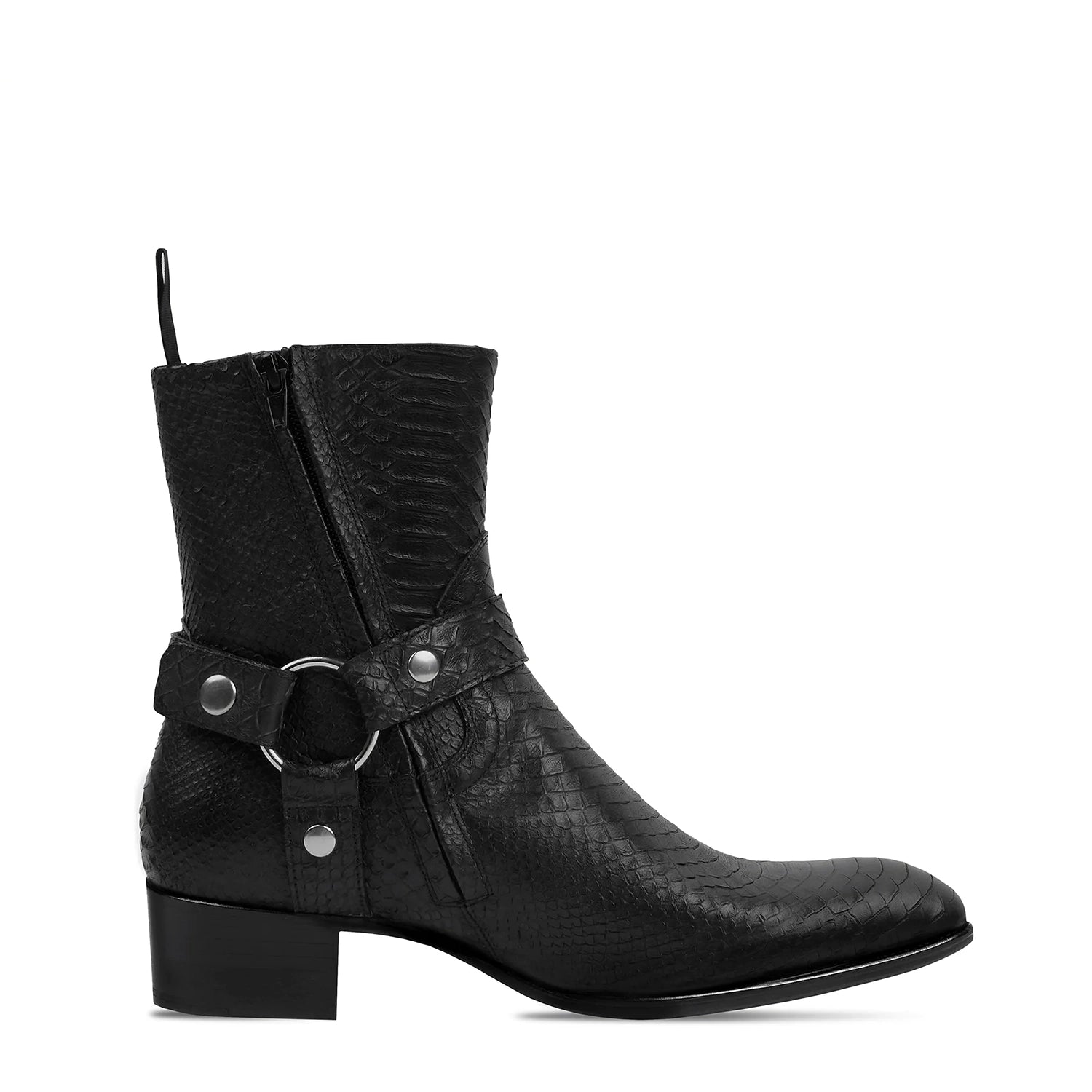 【関税込み】Zip Booties in Black Leather Harness Zip Boot - Black Python-Effect Hand-Dyed Leather