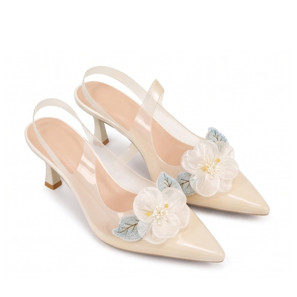 Floral Clear Luxe Pointed Toe Slingback Kitten Heels