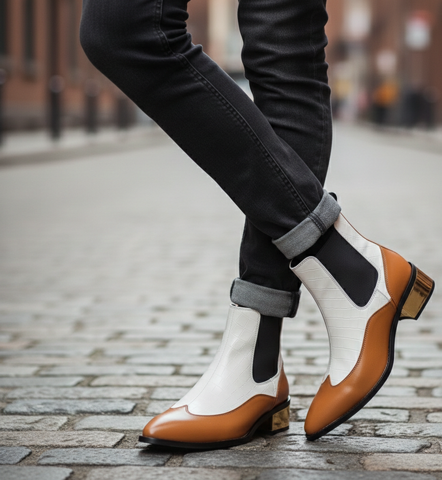 Luxury Dual-Tone Croco Leather Chelsea Boots with Metallic Gold Heel