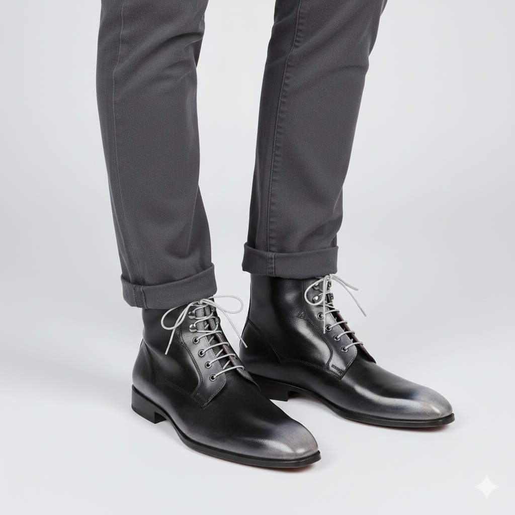 Premium Plain Toe Lace-Up Leather Ankle Boot Grey