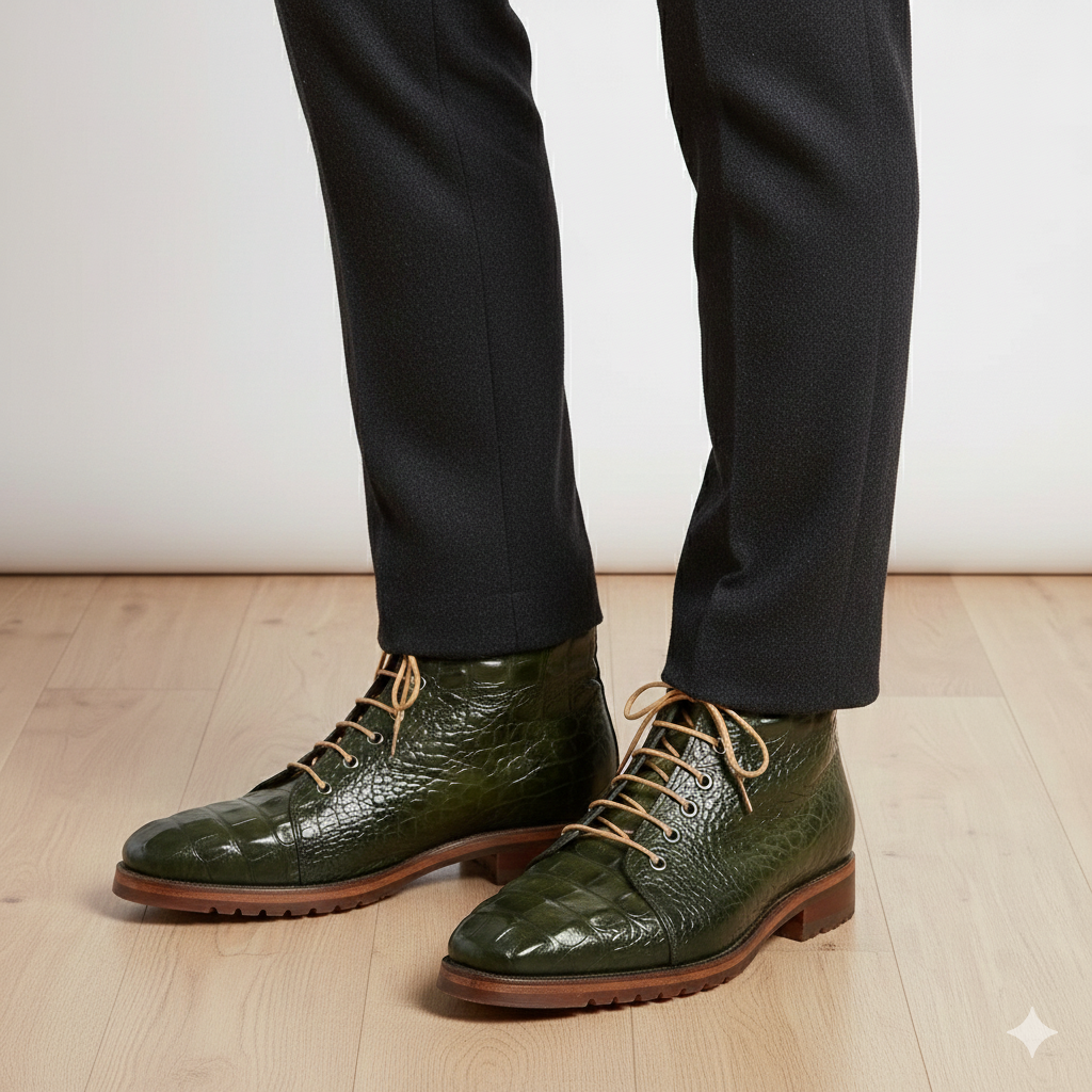 Men Crocodile Embossed Leather Ankle Boot Green