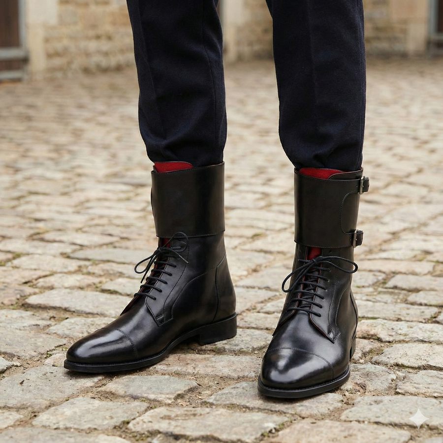 Men Cap Toe Leather High Ankle Boot Black