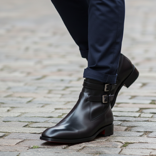 Double Leather Buckle Chelsea High Ankle Boots