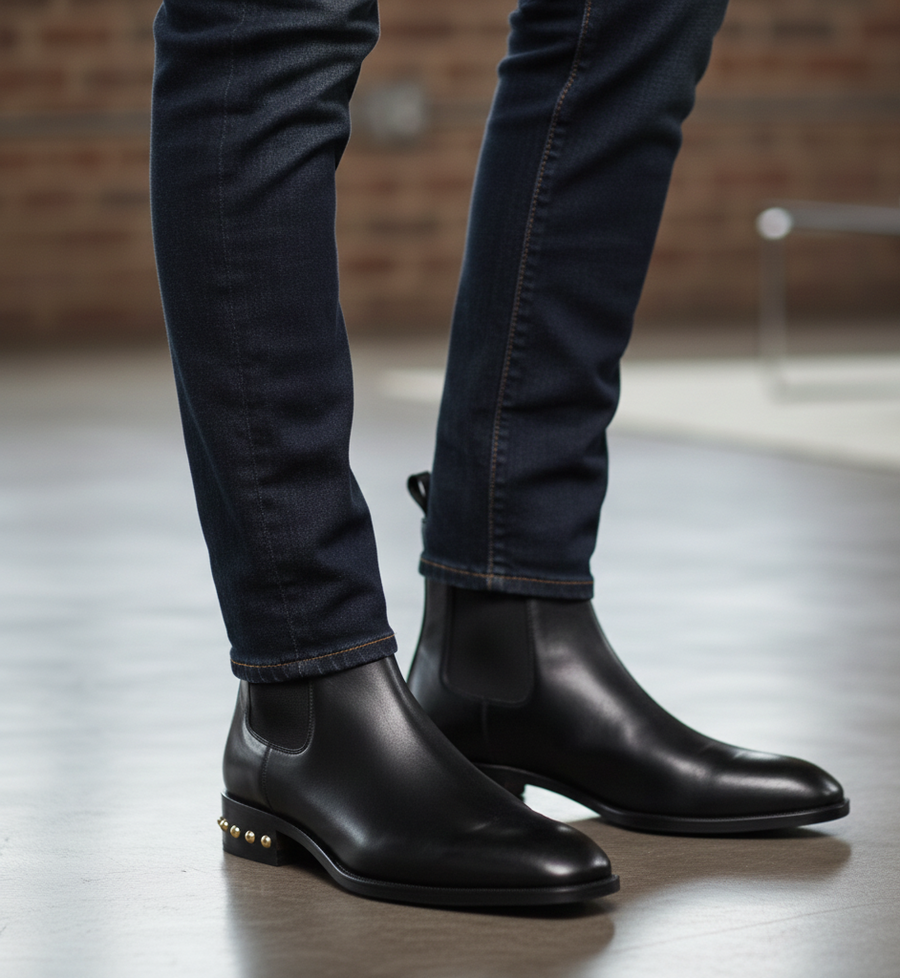 Coal Leather Gold Studded Chelsea Boots