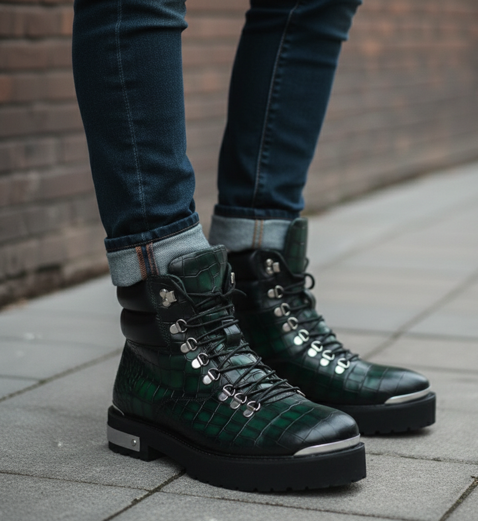 Croco Deep Cut Leather Lace UP Ankle Boot Burgundy