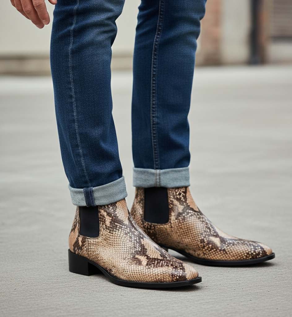Chelsea Boot - Beige Snake-Effect Leather