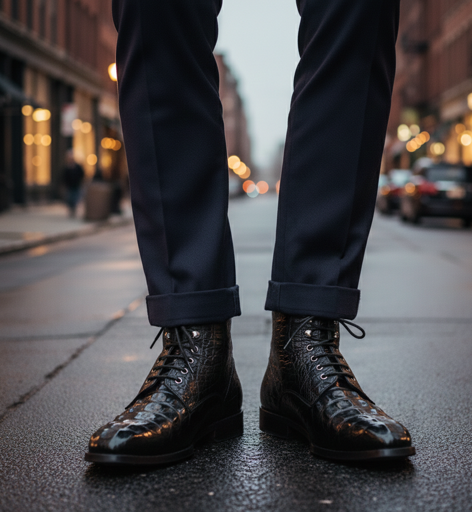 Men Croco Embossed Leather Lace Up Ankle Boots