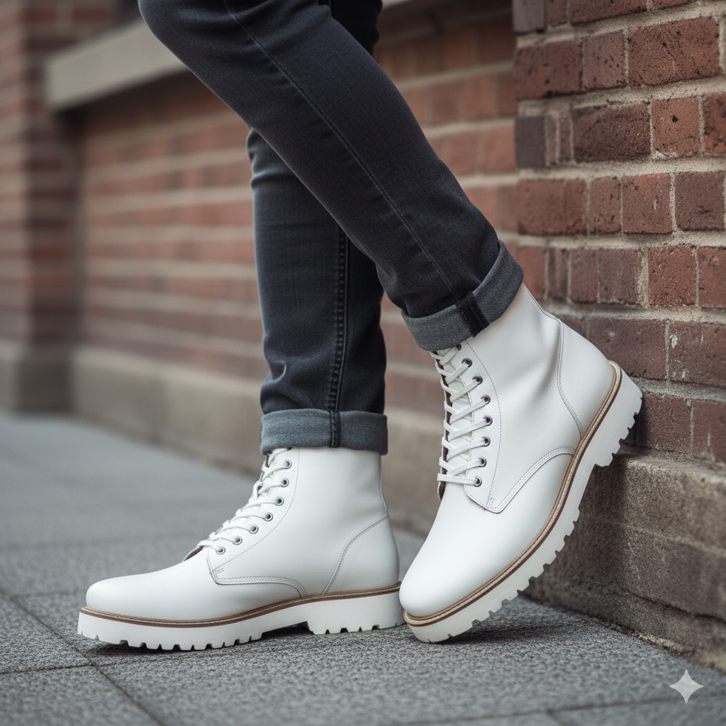 Men Chunky High Leather Ankle White Boot