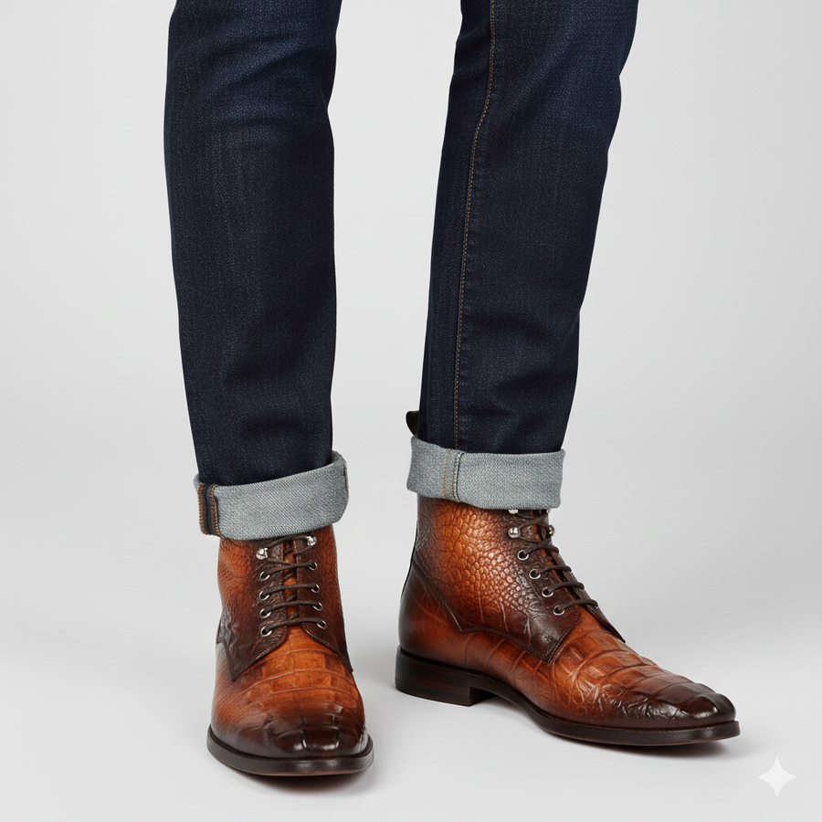 Croco Embossed Leather Lace Up Ankle Boots