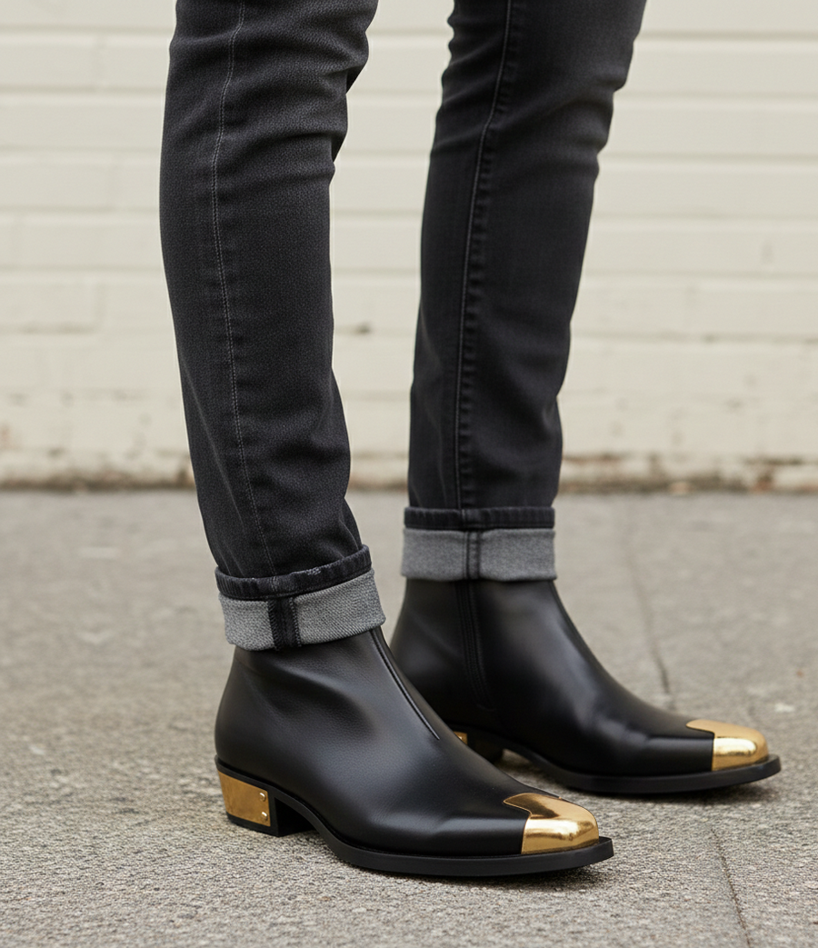 Punk Leather Boots Golden Toe Shoe