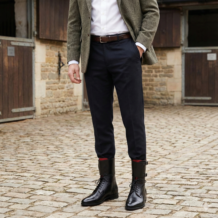 Men Cap Toe Leather High Ankle Boot Black