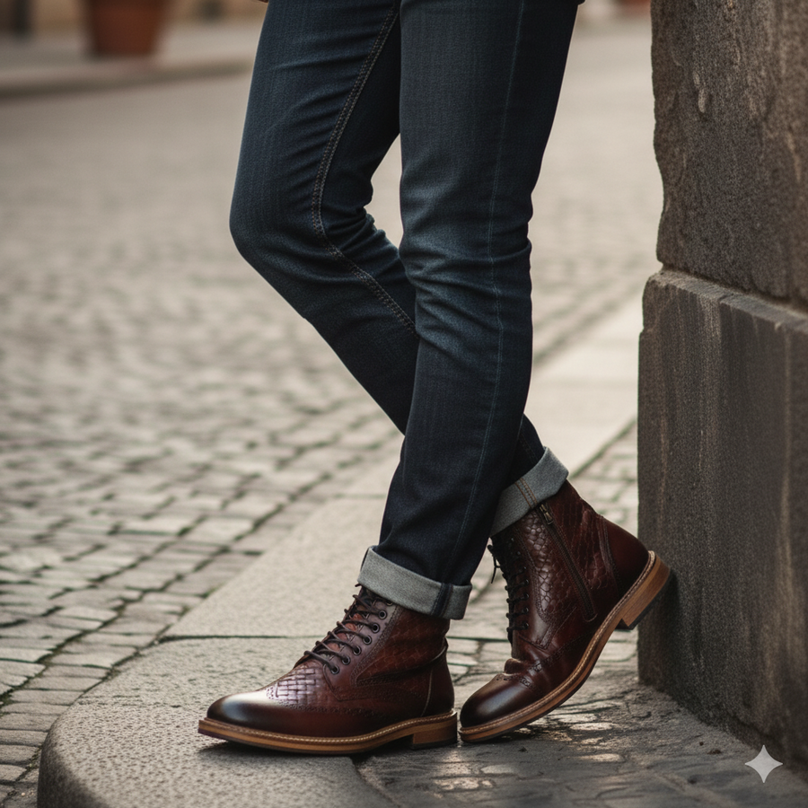 Wine Leather Wingtip Brogue Lace-Up Men Boot with Zipper