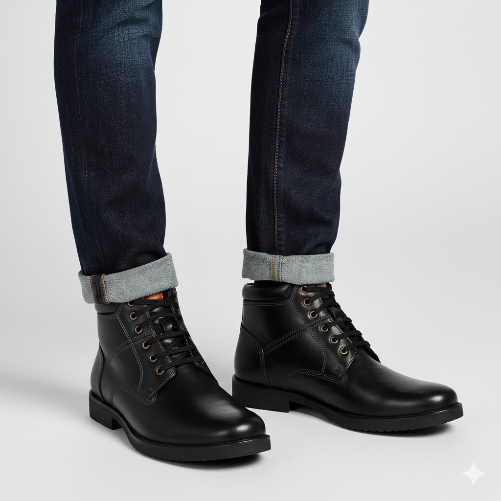 Leather Lace-Up High Ankle Boot Black for Men