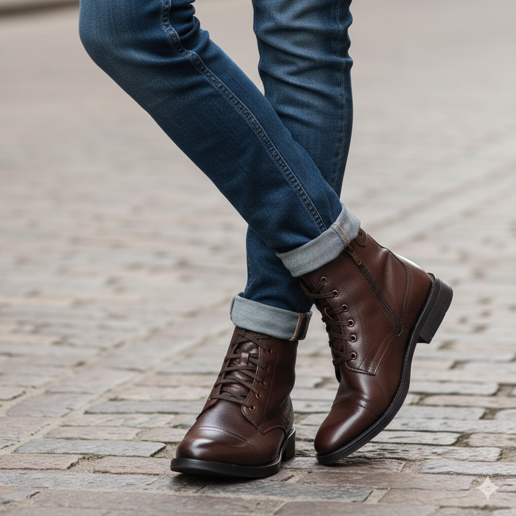 Men Lace-Up Leather Casual High Ankle Boot Brown