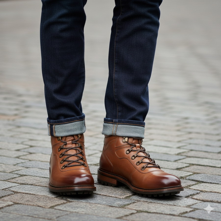 Leather Lace Up Mid Top Ankle Cognac Boot For Men