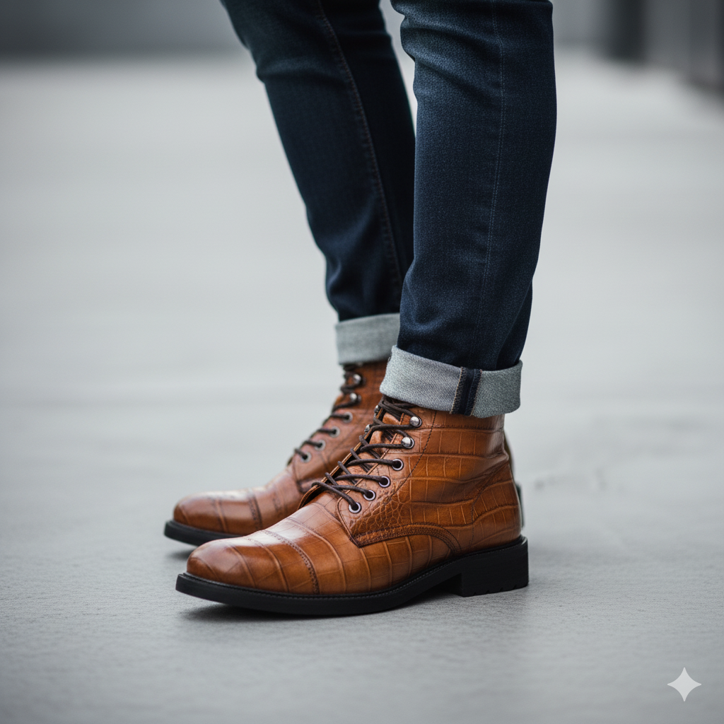 Croco Leather Lace-Up High Ankle Boot Tan