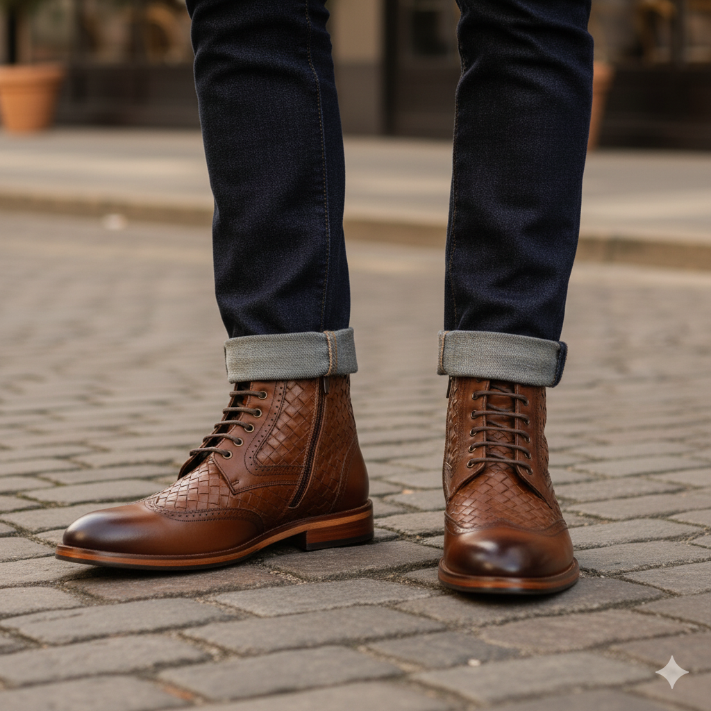 Brown Leather Wingtip Brogue Lace-Up Men Boot with Zipper