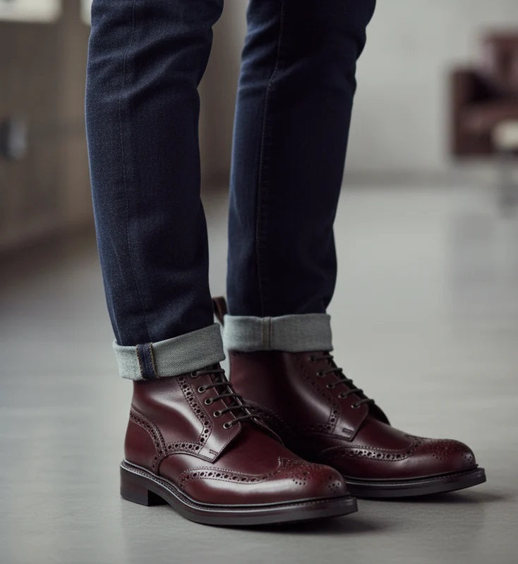 Leather Lace Up Wingtip High Ankle Burgundy Boot