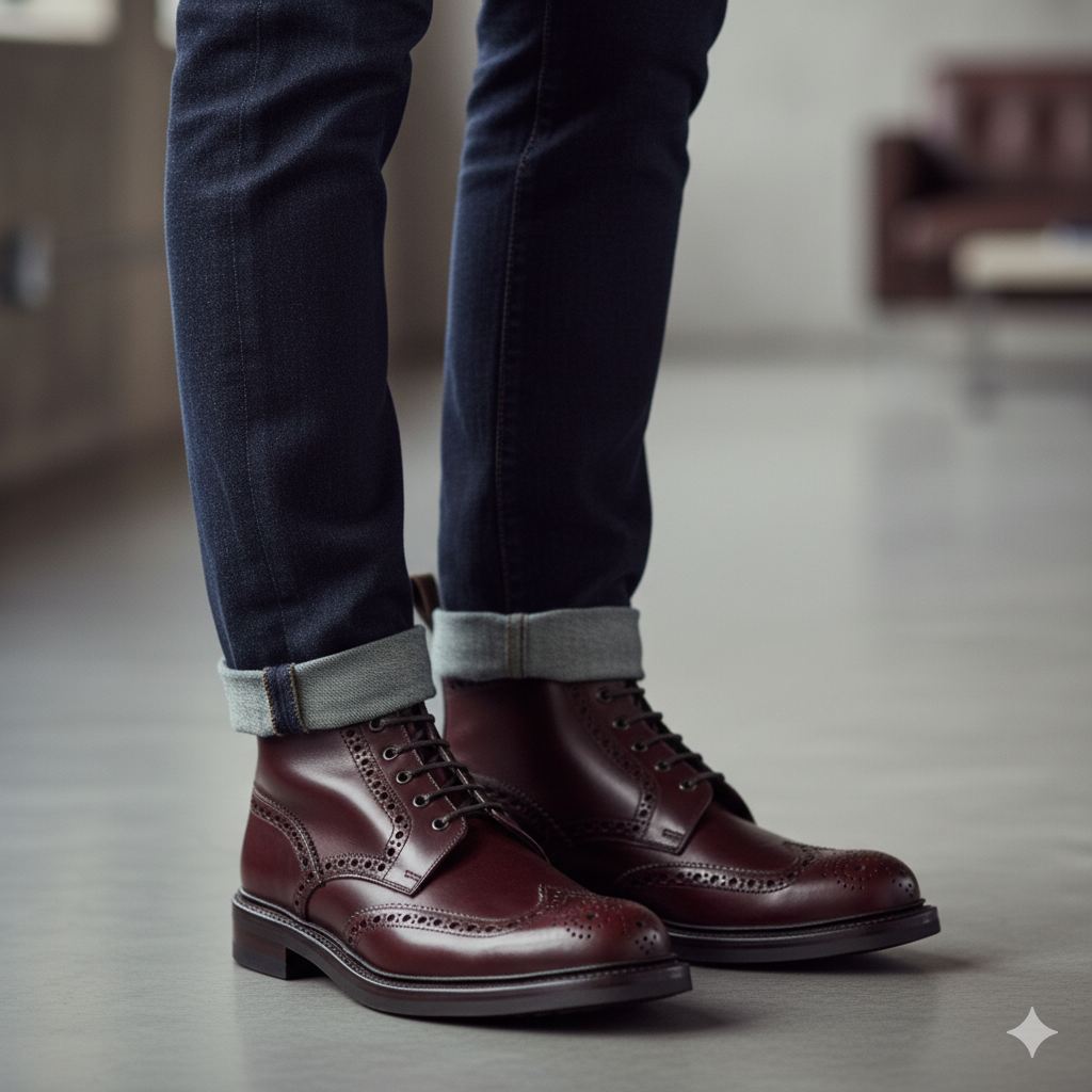 Leather Lace-Up Wingtip High Ankle Burgundy Boot