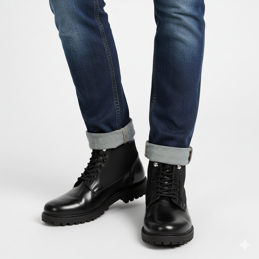 Luxury Mid Top Solid Leather Ankle Boot Black