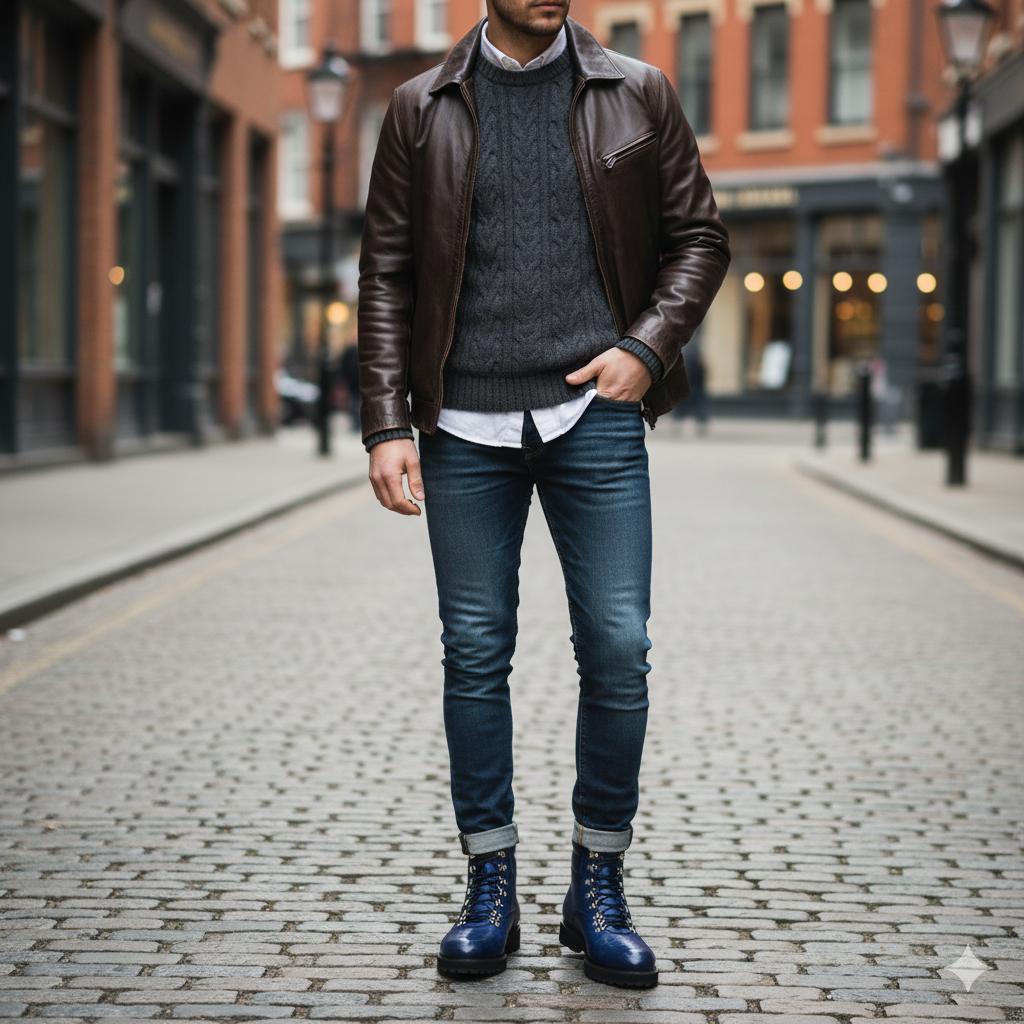 Men Solid Leather Side Zip Biker Ankle Blue Boot