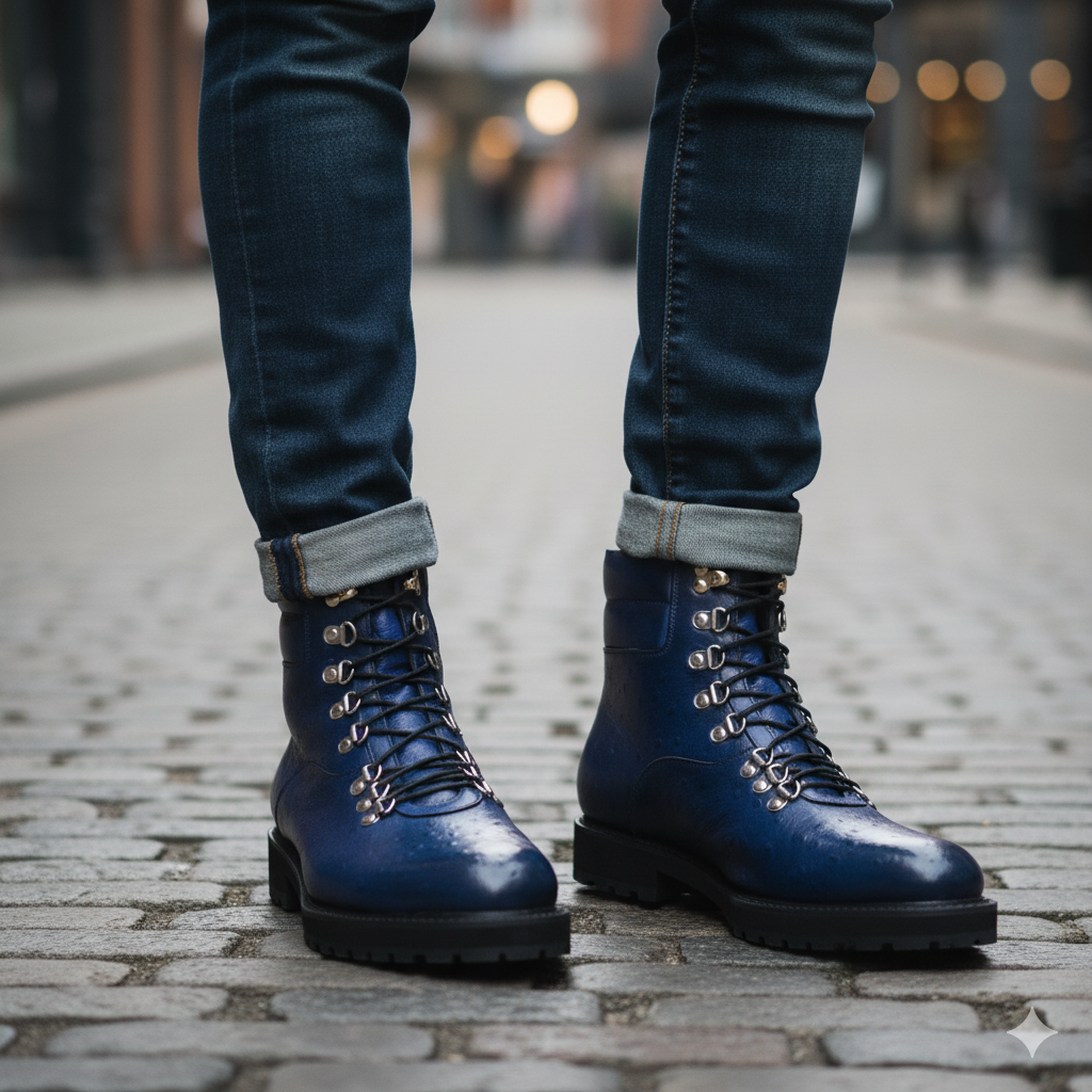 Men Solid Leather Side-Zip Biker Ankle Blue Boot