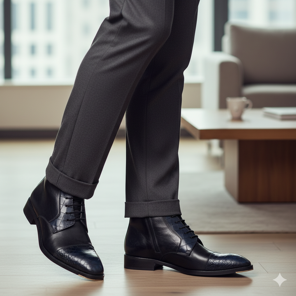 Croco Print Leather High Ankle Boots With Side Zip-Up