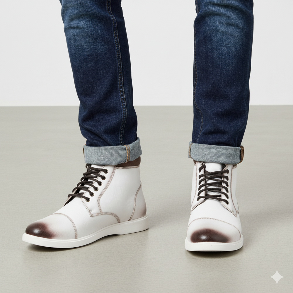 Men Leather High Top Side Zipper Ankle Boots